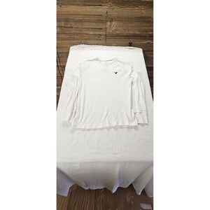 American Eagle Mens Long Sleeve Thermal Shirt Cream White Waffle Knit Large